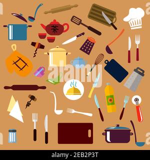 Kitchenware and utensil flat icons with pots, ladles and knives, forks, cup and tea set, tray and graters, cutting boards, rolling pins and chef hat, Stock Vector