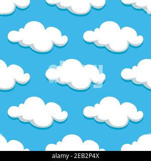 Cartoon white clouds and sky seamless pattern on background. For wallpaper or textile design Stock Vector