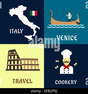 Traditional travel symbols of Italy with with map and flag, Colosseum amphitheater, venetian gondolier in gondola boat and italian cuisine chef with p Stock Vector