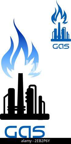 Oil refinery plant icon with blue flame of natural gas over black silhouette of pipeline and flare stack, for heavy industry theme design Stock Vector
