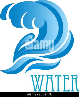 Blue ocean wave icon with lush crest and flowing water drops isolated on white background Stock Vector