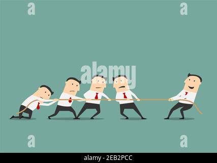 Successful and powerful businessman competing with group of businessmen in a tug of war battle, for leadership or business competition concept design. Stock Vector