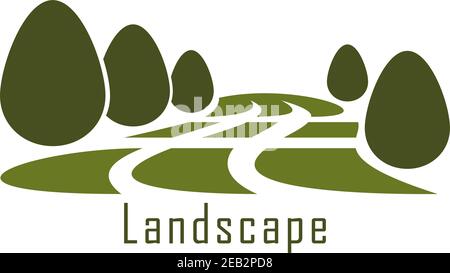 Modern urban park landscape icon with green grass lawn and trimmed bushes isolated on white background Stock Vector