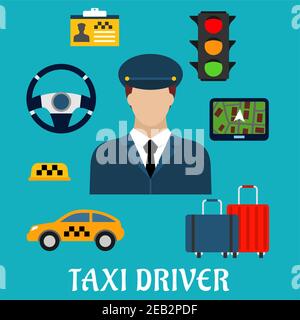Taxi driver profession flat icons with man in uniform and yellow car, luggage, steering wheel and navigation map, traffic light, checkered roof sign a Stock Vector