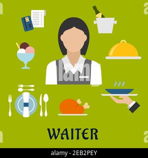 Waiter profession flat icons with waitress in elegant uniform, surrounded by dinner set, champagne and ice bucket, ice cream sundae, fried chicken, cl Stock Vector