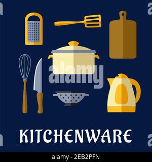 Kitchenware flat concept with cooking pot, electric kettle, knife, wooden chopping board, whisk, grater, spatula and colander on dark blue background Stock Vector