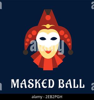 Carnival mask of jester or joker in flat style with red collar and hat, decorated by bells on blue background with caption Masked Ball below Stock Vector