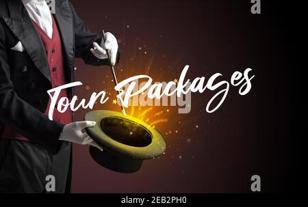 Magician is showing magic trick with Tour Packages inscription, traveling concept Stock Photo