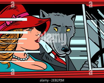 Wolf and Little Red Riding Hood in the car Stock Vector