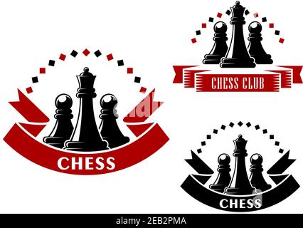 Chess club emblems showing black queens with pawns on both sides, supplemented by ribbon banners and chains of rhombuses Stock Vector