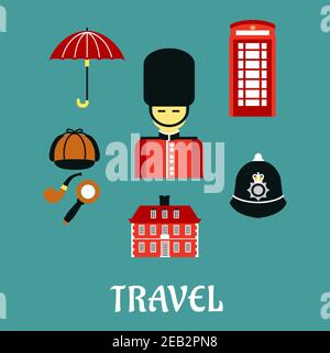 Great Britain travel flat iocns and symbols with guard soldier, red telephone booth, police helmet, detective cap, pipe and magnifier, umbrella and ol Stock Vector