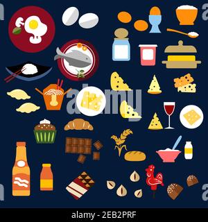 Food and drinks flat icons of bread and butter, cheese and wine, porridge and fish, chinese food, dairy cupcake, croissant, chocolate bars and candies Stock Vector