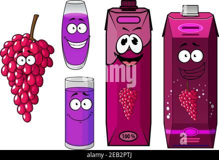 Sweet healthful bunch of red grape cartoon character with happy natural juice cardboard packs, fruit and filled glasses Stock Vector