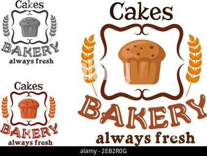 Bakery or pastry shop sign with cupcake, raisins, ornamental swirls and wheat with text Always Fresh Cakes Stock Vector