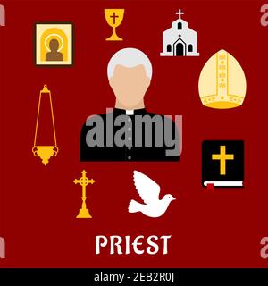 Priest profession with flat symbols of mature man, surrounded by the Bible, gold cross, bowl and candelabra, icon and church or temple, mitre and whit Stock Vector