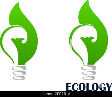 Green energy light bulb abstract icon with lamp wrapped by leaves, isolated on white background with caption Ecology Stock Vector