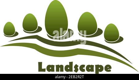 Garden or park landscape icon with green bushes, trees and lawn, isolated on white background for nature design Stock Vector