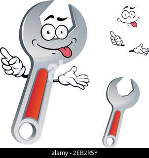 Cartoon combination spanner character with open end and ring tips isolated on white background Stock Vector