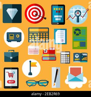 Financial and commerce flat icons with diamond, safe, calculators, target with arrow, tablet pc with on-line shop, e-mail, calendar, financial reports Stock Vector