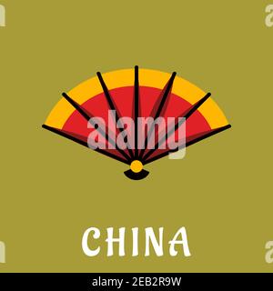 Traditional chinese open folding fan with bright orange and red paper on wooden slats, on background with caption China below, flat style Stock Vector