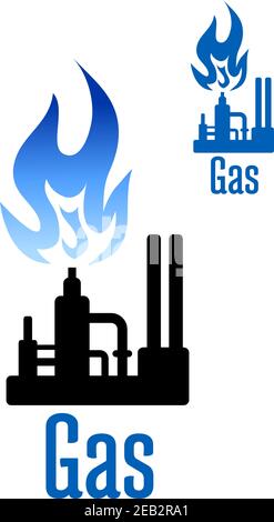 Natural gas processing factory icon with spray tower, pipelines and powerful blue flame above. For industrial theme Stock Vector