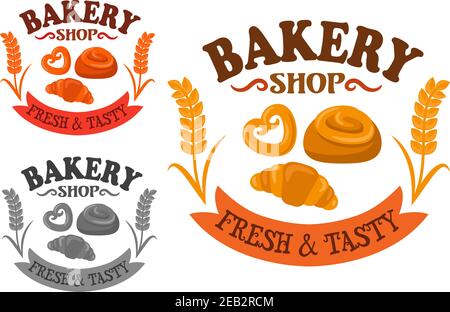 Bakery shop icon with sweet bun rolls and croissant, adorned by wheat ears on both side and ribbon banner with text Fresh and Tasty Stock Vector