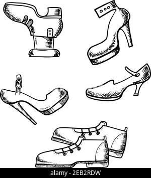 Shoes sketch icons with elegant boots with lacing and high heeled female shoes isolated on white background Stock Vector