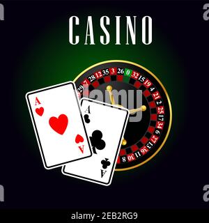 Casino symbol with ace cards over roulette on green with black background. For casino and gambling theme Stock Vector