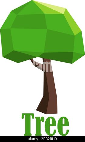 Abstract polygonal tree icon with green round crown isolated on white background, low poly style Stock Vector
