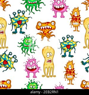 Cartoon colorful monsters and aliens with frightening expressions in a seamless background pattern Stock Vector