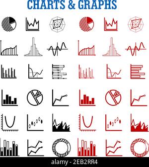 Black and red charts or graphs icons for business or infographic themes Stock Vector