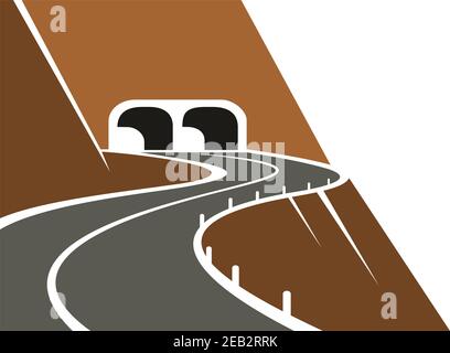 Mountainside road with dangerous winding highway leading to steep rocky mountain with tunnels, isolated on white background, for travel or transportat Stock Vector