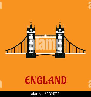 Travel landmark of Great Britain flat icon with the Tower Bridge over the Thames river in London, with caption England Stock Vector