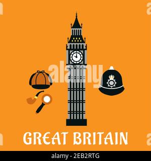 Great Britain travel symbols in flat style with Big Ben tower, Sherlock cap, pipe, magnifier and custodian police helmet with caption Great Britain be Stock Vector