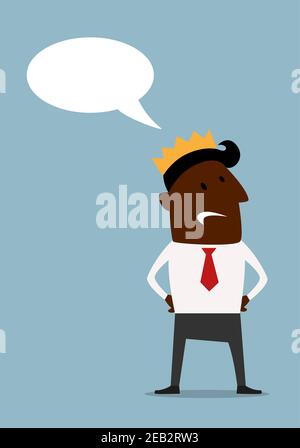 Haughty cartoon african american businessman in gold crown with blank speech bubble. Flat style image, suitable for leadership or success business con Stock Vector