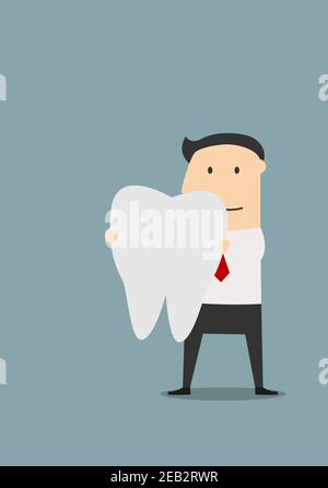 Businessman holding a large white tooth in front of him, for healthcare or dentistry theme, colored cartoon image Stock Vector