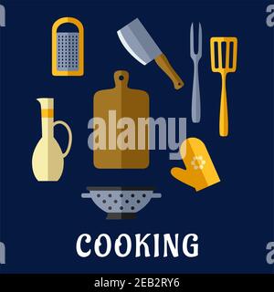 Food utensils and kitchenware flat icons with chopping board, cleaver knife, carving fork, spatula, grater, colander, oil jug and oven glove on blue b Stock Vector