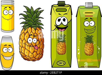 Cartoon pineapple juice packs with fresh pineapple fruit, and glasses with sweet yellow drinks, for food pack design Stock Vector
