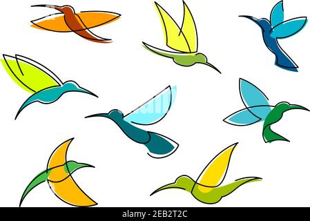 Bright hummingbirds in flight with colorful plumage in orange, blue and green flowing lines isolated on white background Stock Vector