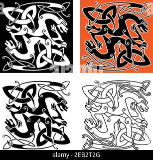Intricate mystical dragon animals celtic ornament in different color variations. For art or tattoo themes design Stock Vector
