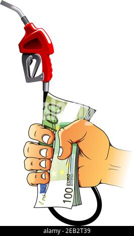 Hand holding red gasoline pump nozzle and euro bills, for gas pricing or oil industry theme Stock Vector