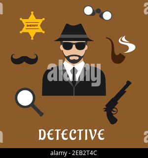 Detective profession flat icons with bearded man in black hat and sunglasses, encircled by binoculars, pipe, magnifier, gun, sheriff star badge and fa Stock Vector