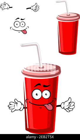 Colorful red disposable takeaway beverage cup with a cute face and second plain variation, isolated on white Stock Vector