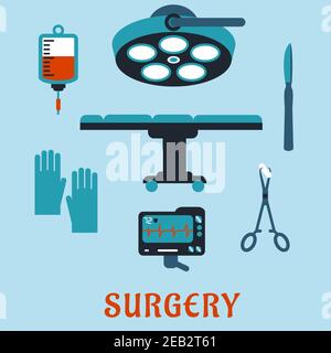 Surgery flat icons with operation table, surgical lamp, scalpel, forceps with sponge, gloves, heartbeat monitor, blood bag Stock Vector