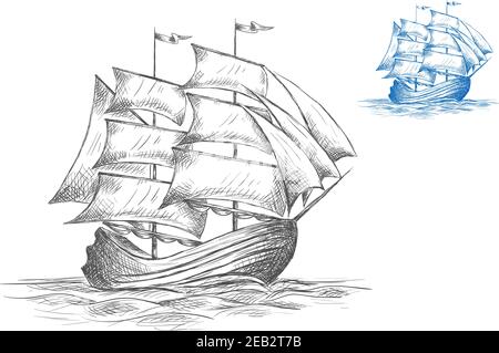 Old wooden sailing ship under full sail on the sea in two color variations in grey and blue, sketch Stock Vector