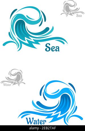 Big powerful ocean wave icons with curling blue water drops, captions Water and Sea. For nature, business or ecology theme Stock Vector