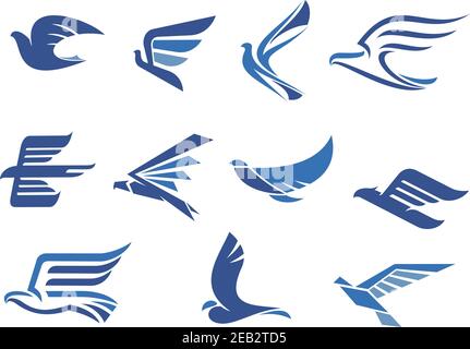 Flying blue birds as eagle, hawk, falcon and dove in flight. For business, delivery, transportation or travel design Stock Vector