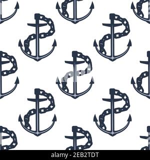 Seamless pattern of nautical ship anchors with wavy chains on white background, for marine adventure or naval themes design Stock Vector