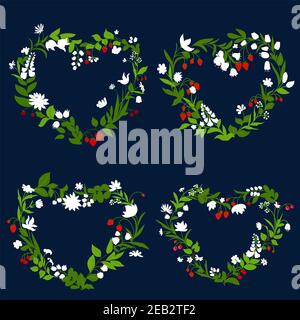 Wildflowers frames and borders with heart shaped floral wreaths, decorated by forest strawberry, raspberry and cherry fruits on dark background Stock Vector