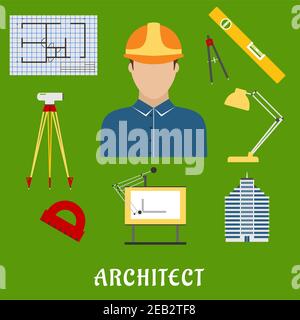 Architect profession flat icons showing man in helmet with drawing table, blueprint, compasses, protractor, lamp, ruler, building and automatic level Stock Vector